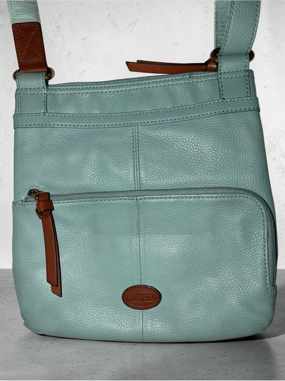 Fossil Sea Green  Leather Crossbody with Brown Leather Trim